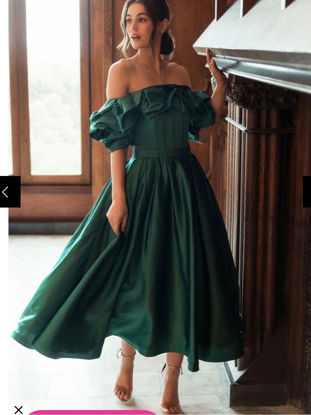 Mac Duggal Emerald Off-Shoulder Satin Midi Dress
